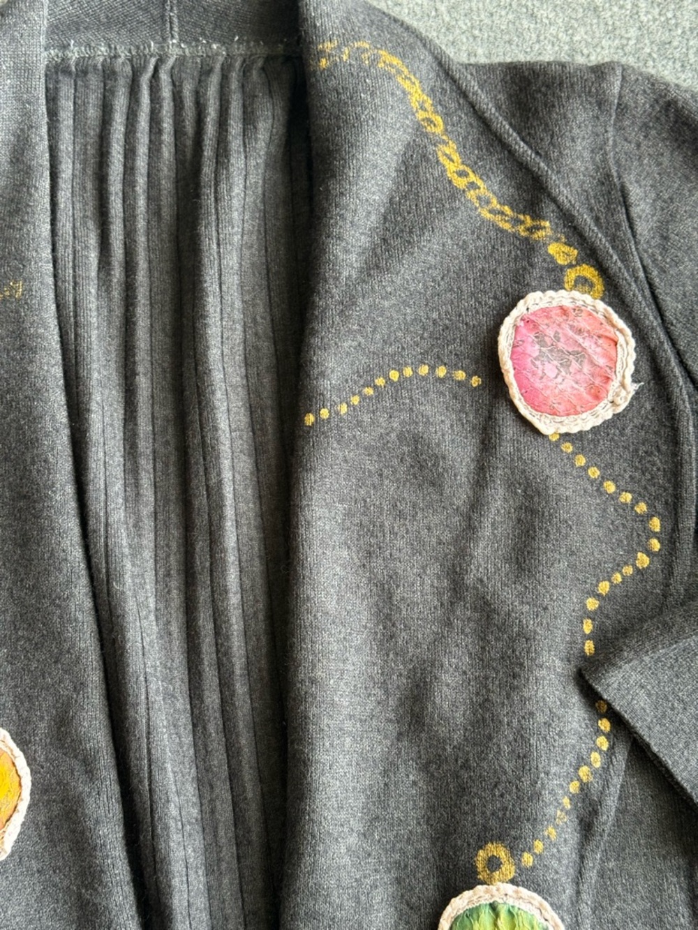 Open Front Cardigan Knit Charcoal Gray Applique Hand Painted Large 80s Vintage - Picture 5 of 10